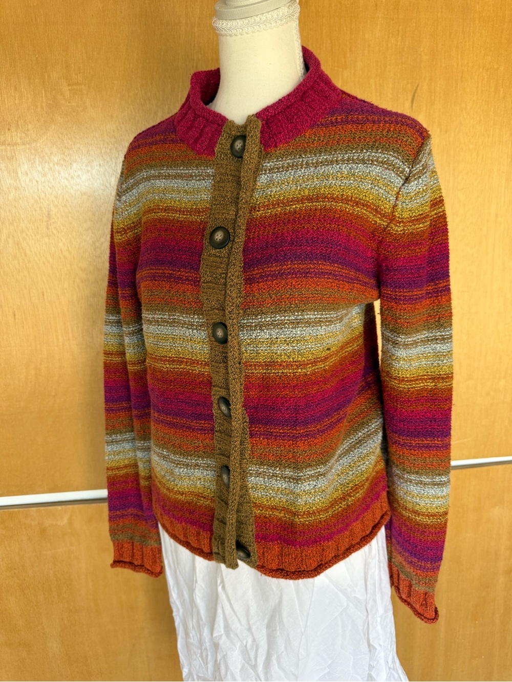 Christopher & Banks Striped Button-Front Cardigan - Pink, Orange, Brown, Gray